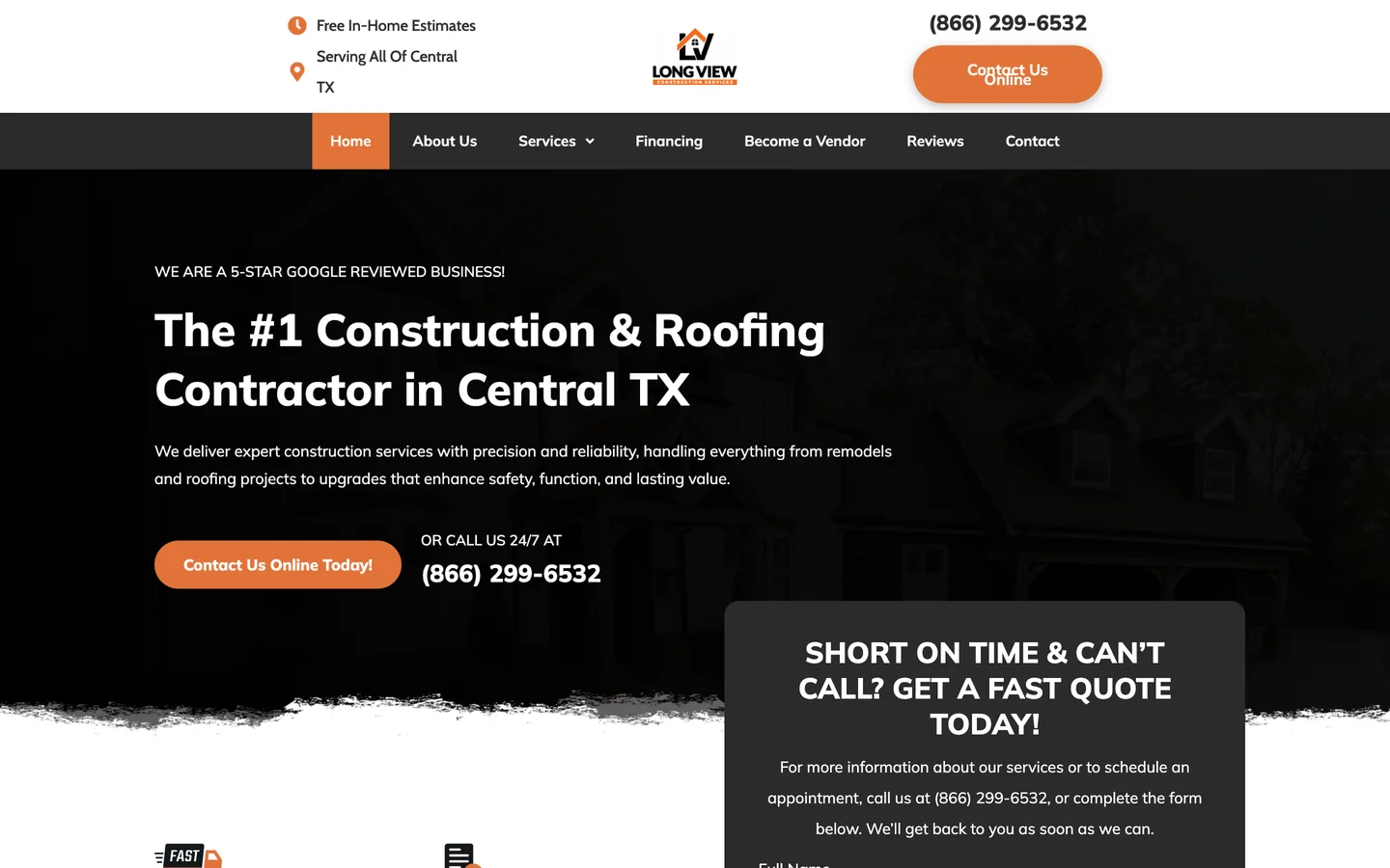Long View Construction Services website homepage on desktop