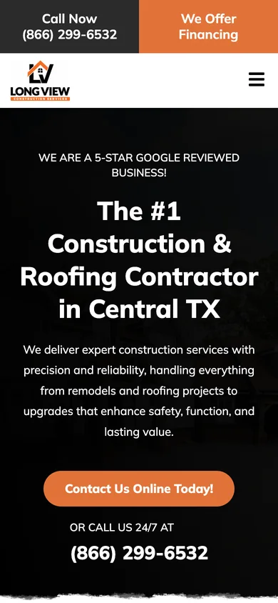 Long View Construction Services website on mobile