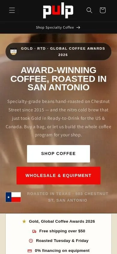 Pulp Coffee Roasters website on mobile