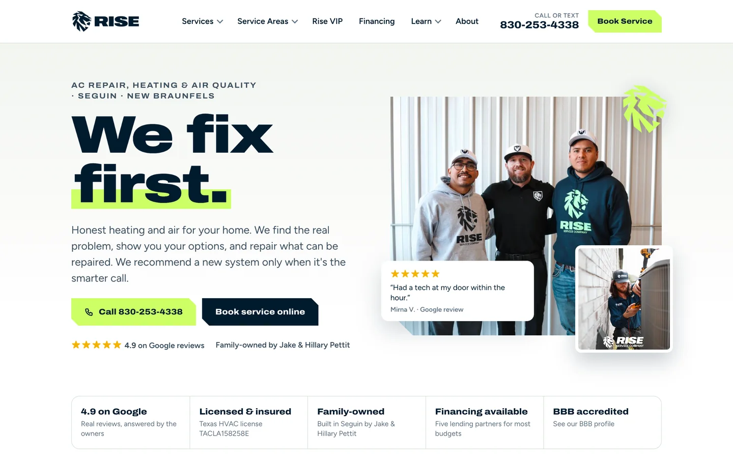 Rise Service Company website homepage on desktop