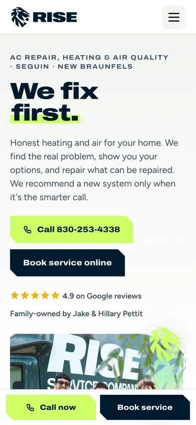 Rise Service Company website on mobile