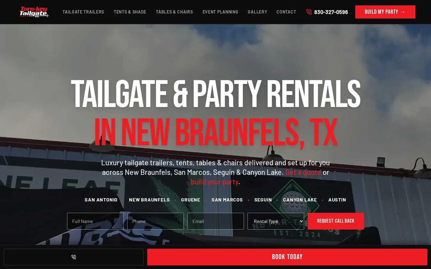 Turn-Key Tailgate website homepage on desktop