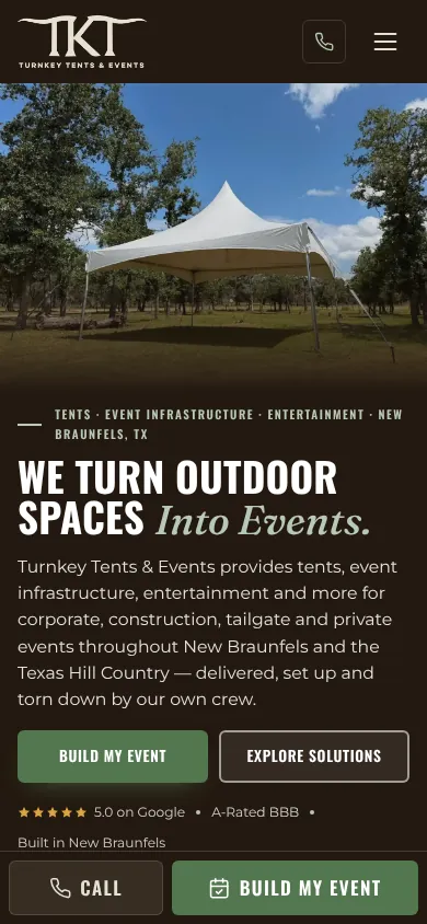 Turnkey Tents & Events website on mobile