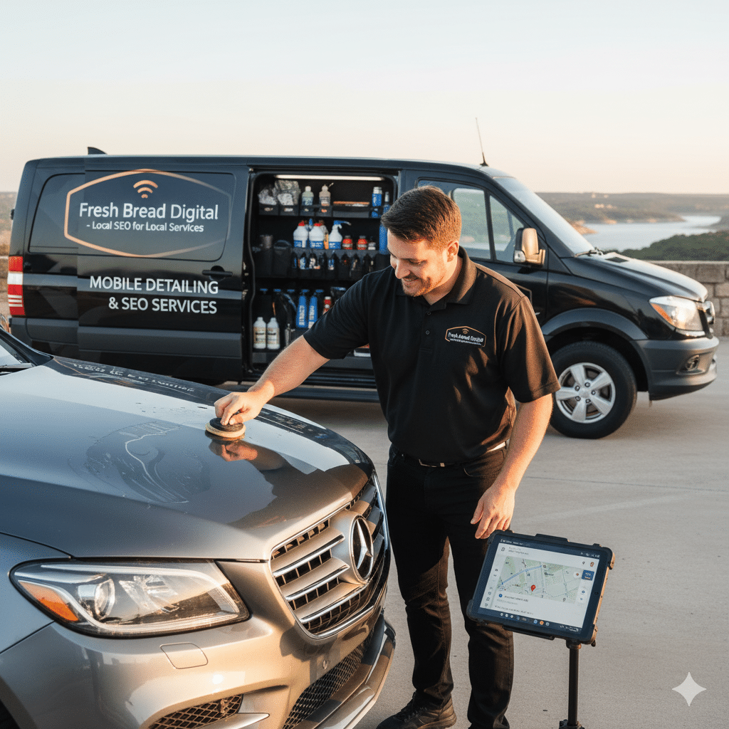 Driving More Bookings: Why Mobile Detailers in New Braunfels & Comal County Need Local SEO 2 Professional mobile car detailer polishing a vehicle in New Braunfels with the Texas Hill Country landscape in the background, representing local SEO services for detailers.