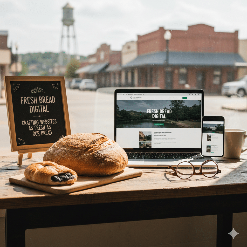 Why Your New Braunfels Business Needs a Website as Fresh as a Morning Kolache 3 A laptop and smartphone displaying the Fresh Bread Digital website sitting on a wooden table next to fresh artisan bread and a kolache, with a blurred view of downtown New Braunfels and the iconic water tower in the background.