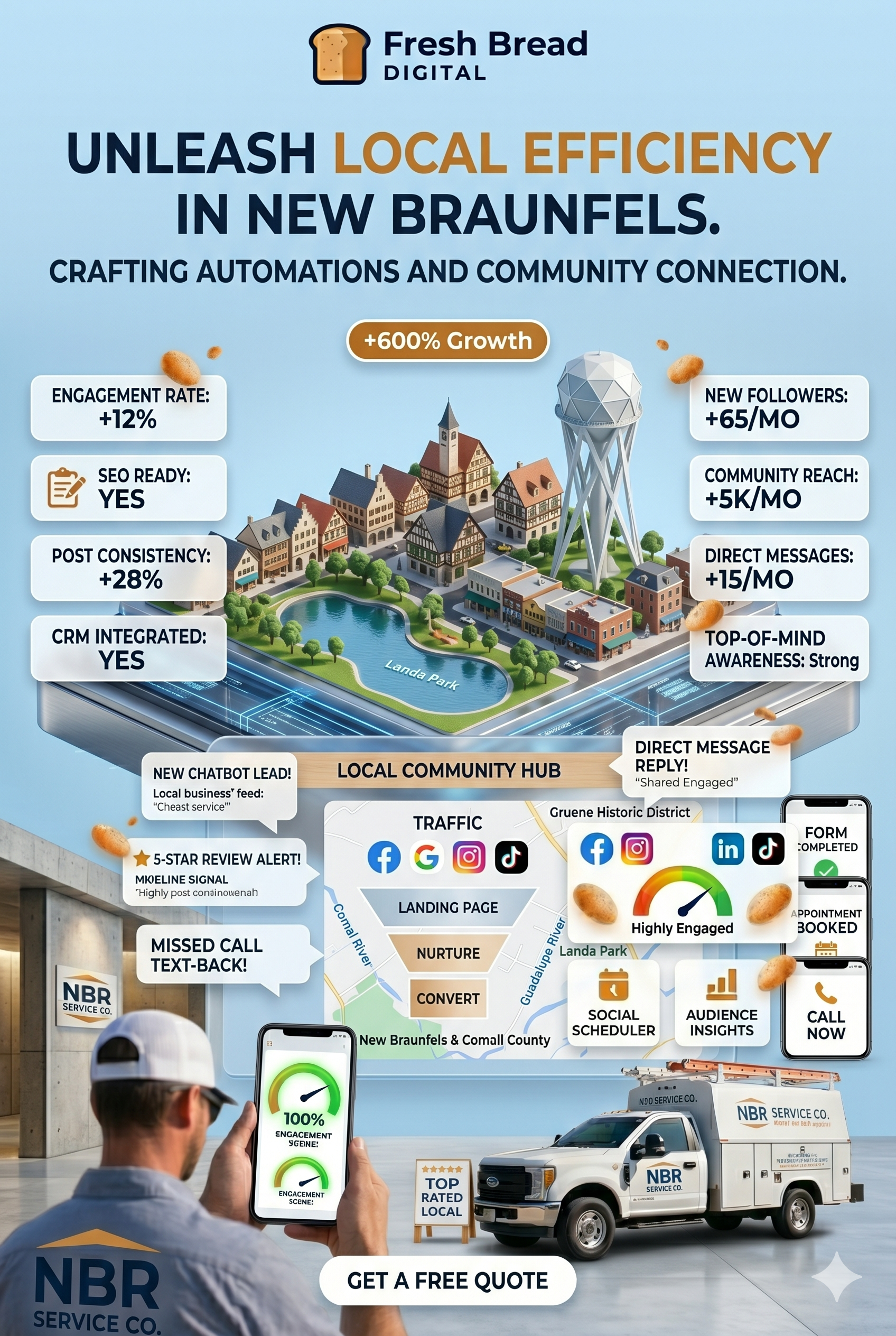 AI Automation Agency New Braunfels 2 Vertical infographic for Fresh Bread Digital as an AI automation agency in New Braunfels showing local business efficiency, smart community connection, and 100 percent engagement score with the Gruene water tower and town in the background.