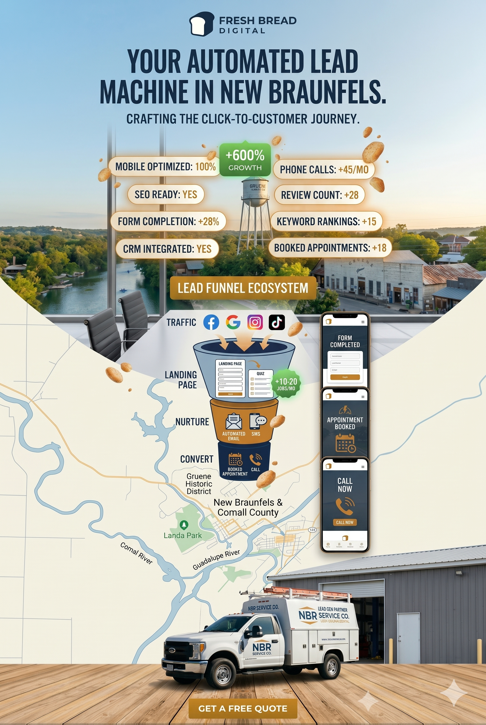 Lead Generation Agency New Braunfels 2 Automated lead generation funnel for New Braunfels businesses showing the journey from a digital ad click to a booked service appointment.
