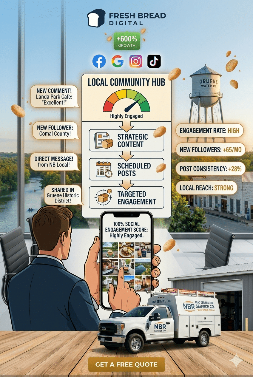 Social Media Management & Marketing New Braunfels 2 Vertical social media engagement graphic for New Braunfels businesses showing a local community hub, high engagement score, and consistent brand aesthetic on a vertical layout.