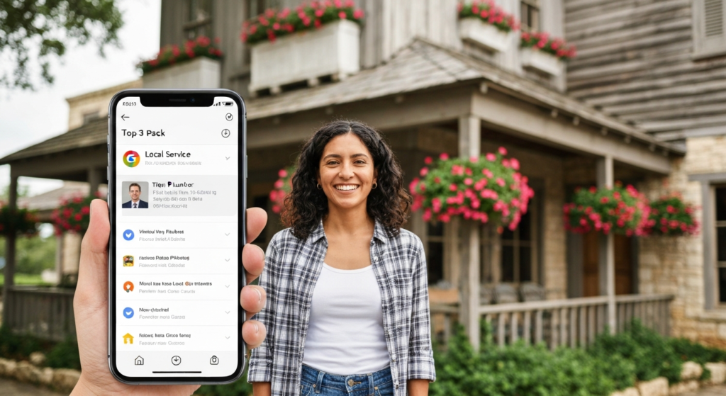 Smiling woman outside a stone house next to a phone showing a top-three local search result