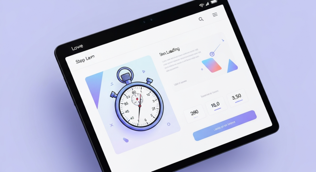 Tablet showing a stopwatch and website loading speed scores
