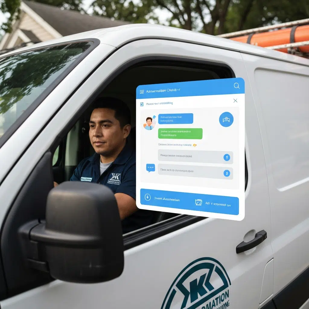 Service technician in a work van with customer chat messages shown beside him