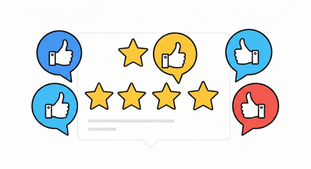 Five gold review stars surrounded by thumbs-up and thumbs-down icons