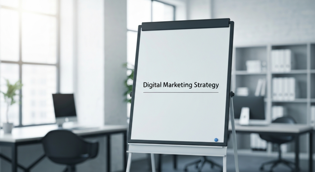 Flip chart reading "Digital Marketing Strategy" in a bright office