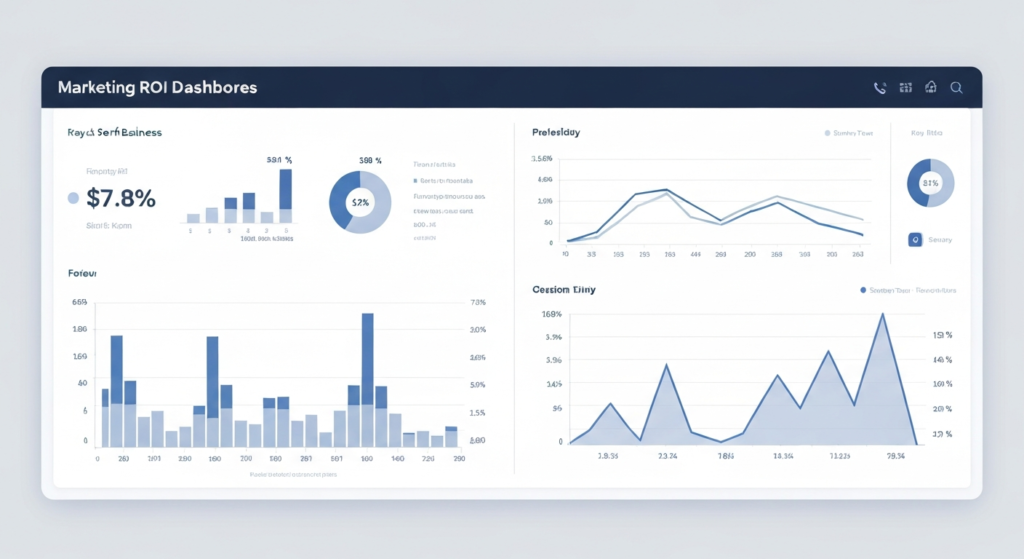 Marketing ROI dashboard with bar charts and line graphs