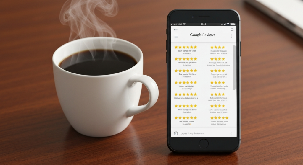 Smartphone showing five-star Google reviews next to a cup of coffee