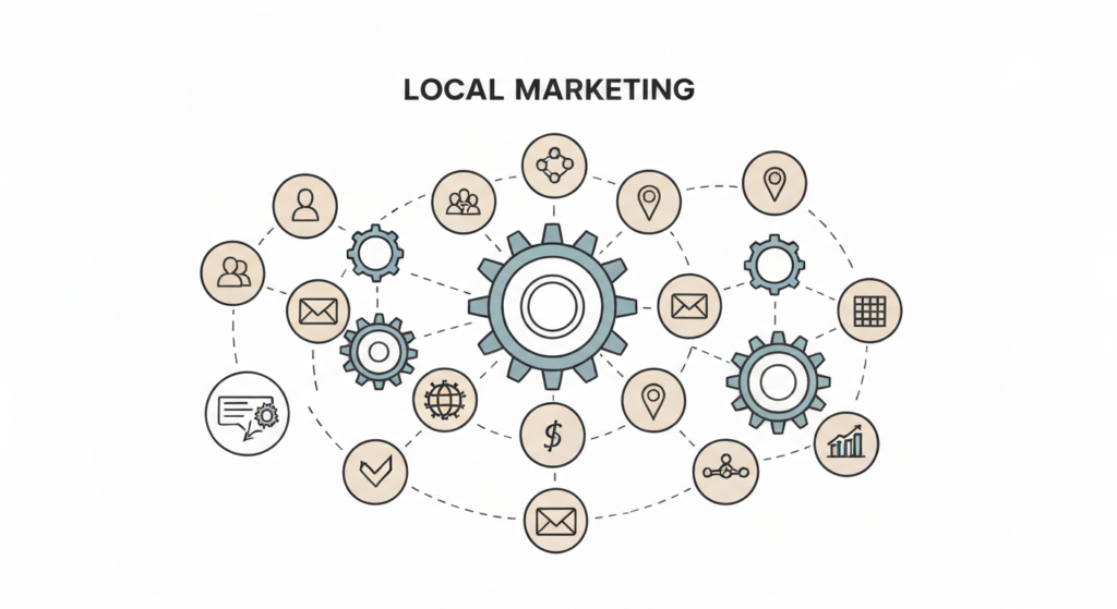 Diagram labeled "Local Marketing" with connected gears and channel icons