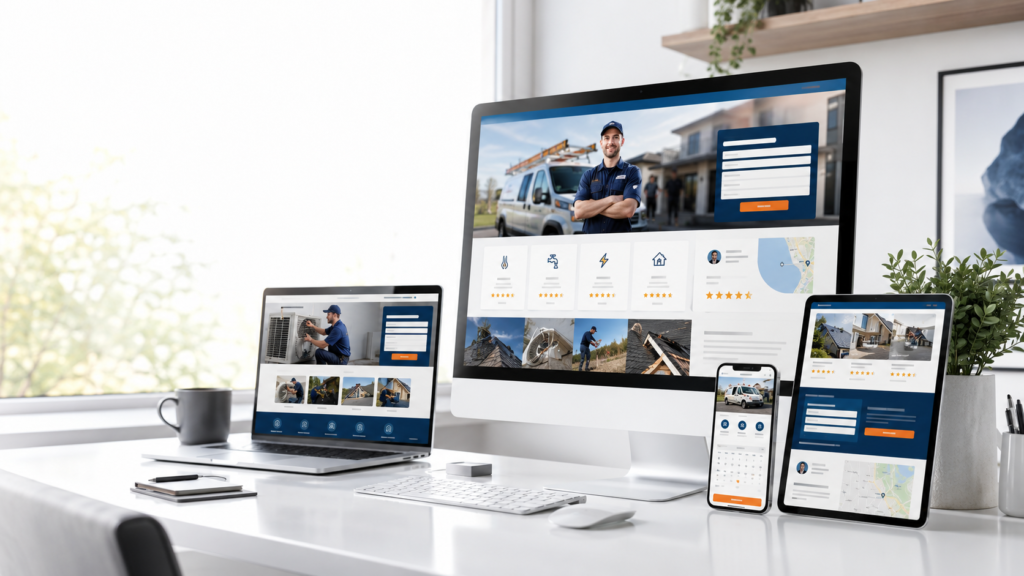 Contractor website shown on a desktop monitor, laptop, tablet and phone