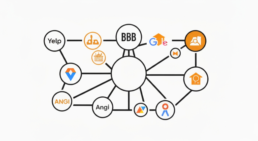Diagram of a business connected to directory listings such as Yelp, BBB, Google and Angi