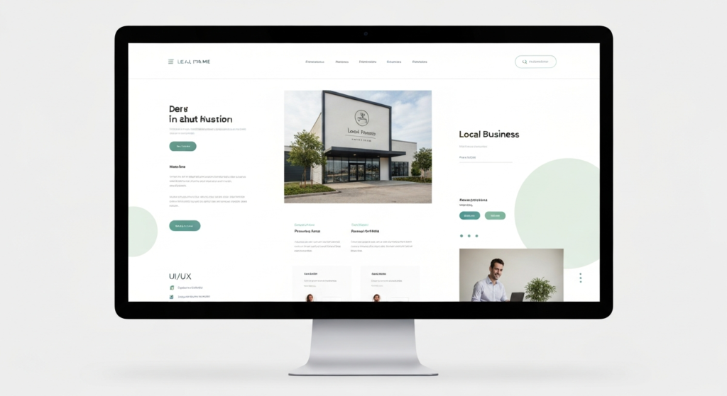 Desktop monitor showing a local business website homepage layout