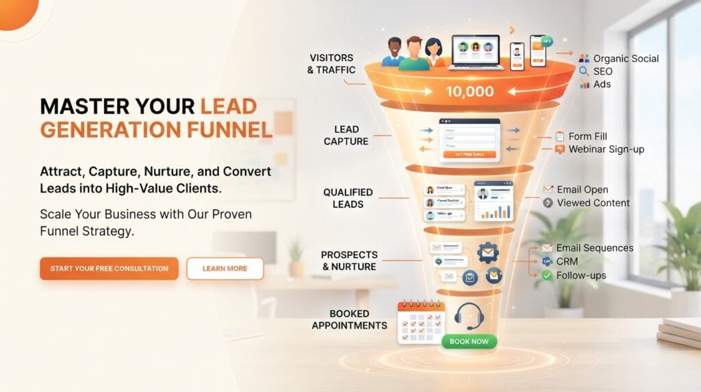 Lead generation funnel infographic running from visitors and traffic down to booked appointments