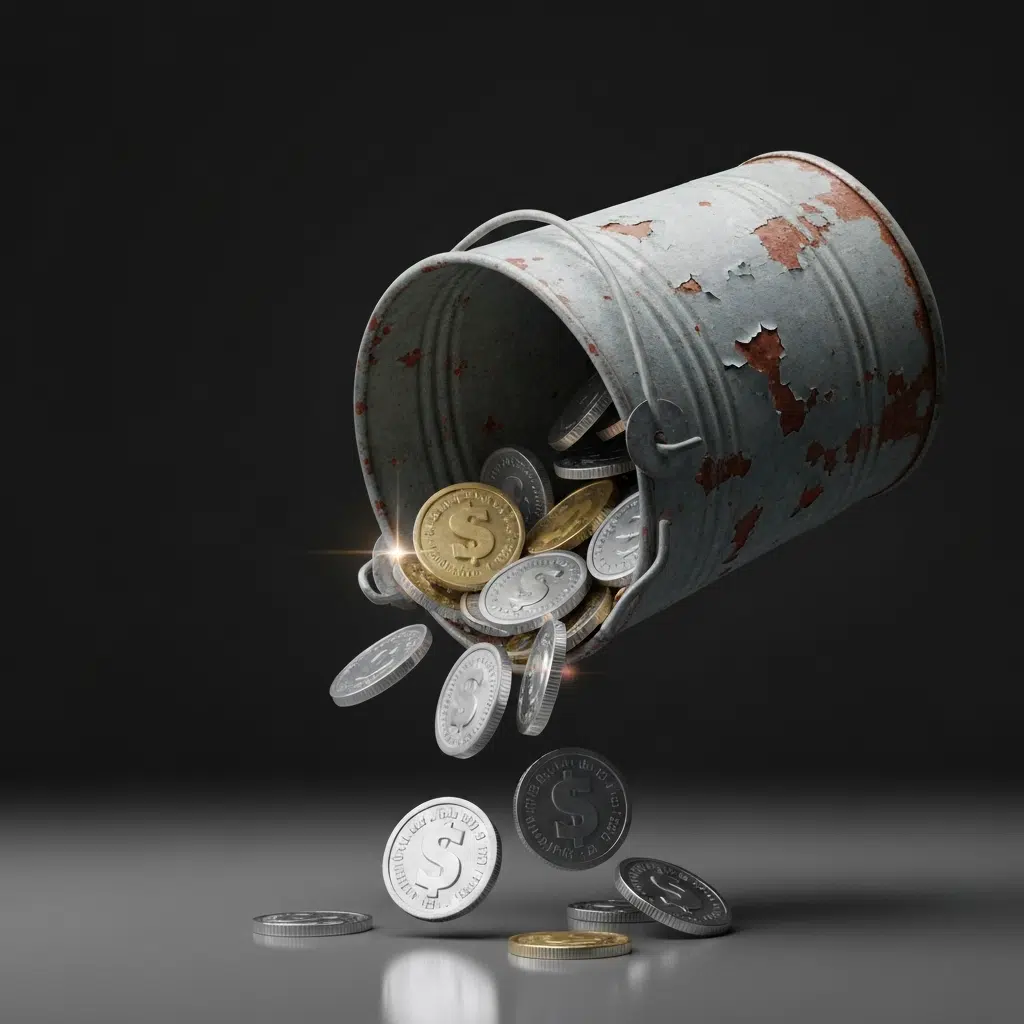 Tipped-over metal can spilling coins