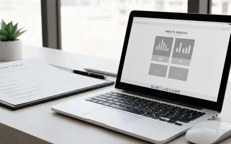 Laptop on a desk showing a website wireframe, next to printed plans and a small plant