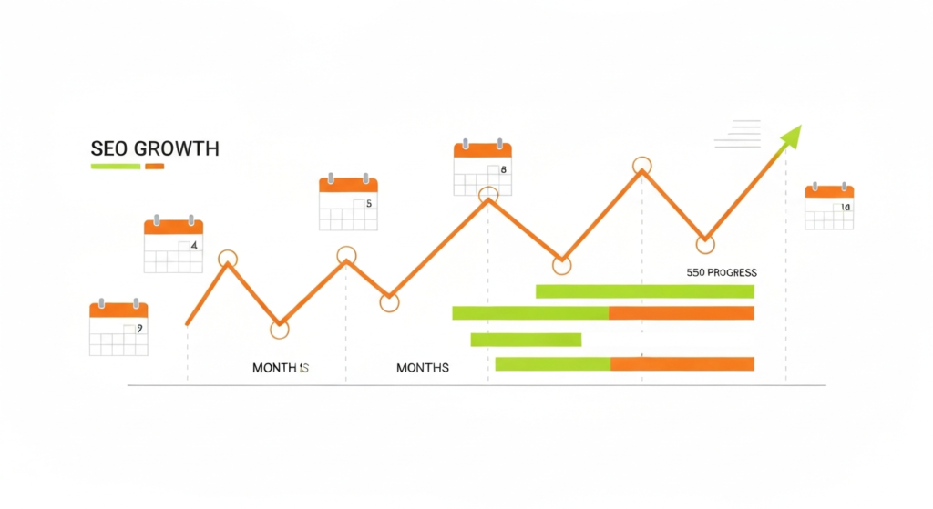 Line chart labeled "SEO Growth" trending upward over several months