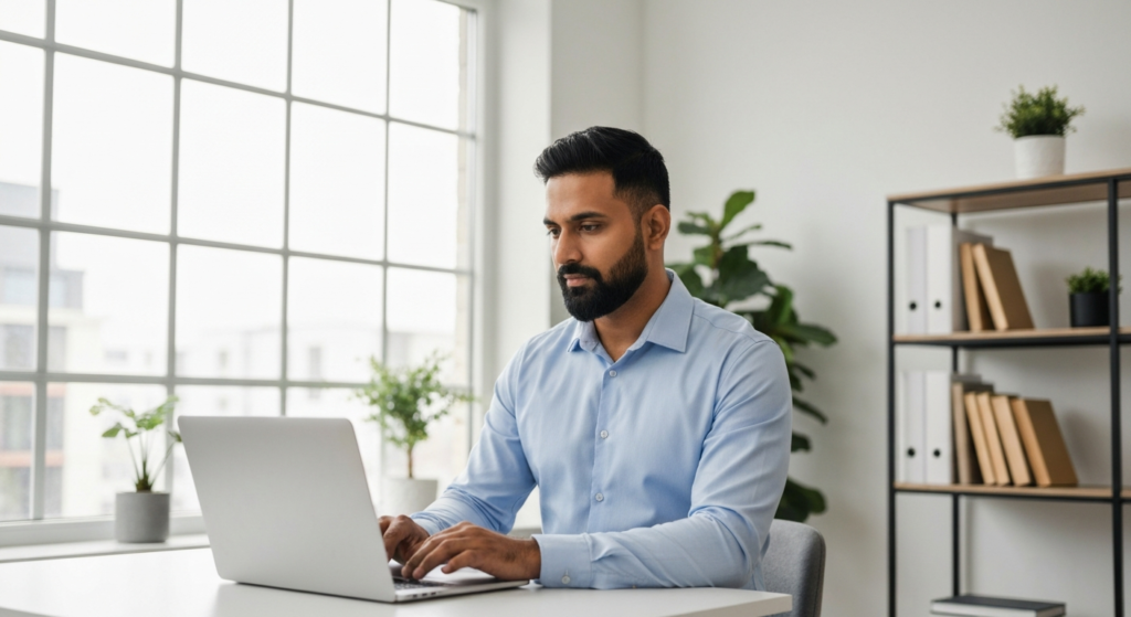 Business owner working on a laptop at a desk in a bright office