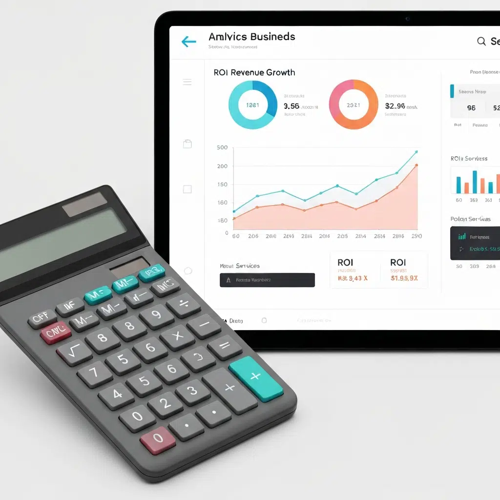 Tablet showing an advertising analytics dashboard next to a calculator