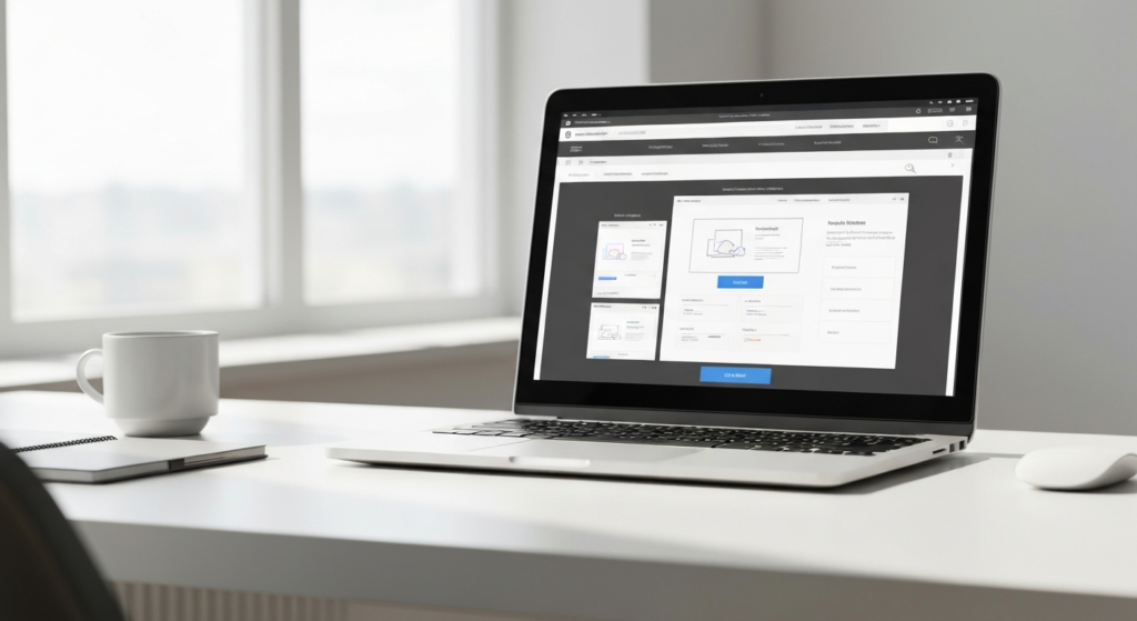 Laptop on a white desk showing a website with a contact form, next to a coffee mug