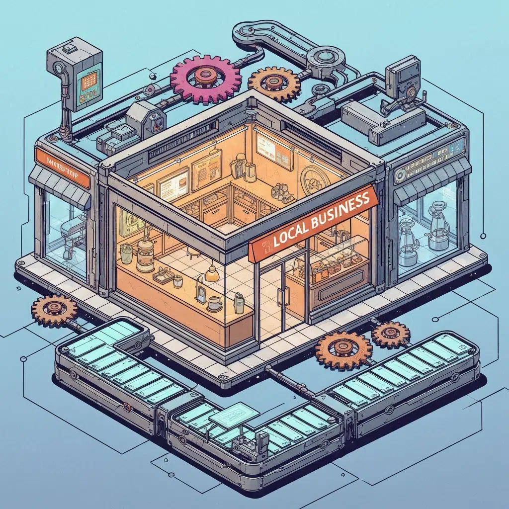 Isometric illustration of a local business building run by gears and conveyor belts