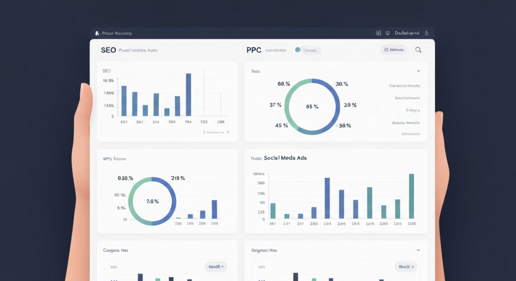 Hands holding a tablet with SEO, PPC and social media ad charts side by side