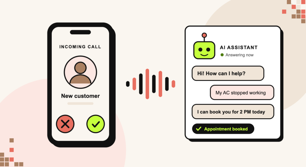 Illustration of a phone with an incoming customer call being answered by an AI assistant that books an appointment