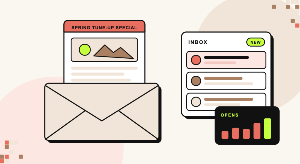 Illustration of a promotional email coming out of an envelope, next to an inbox and a chart of rising opens