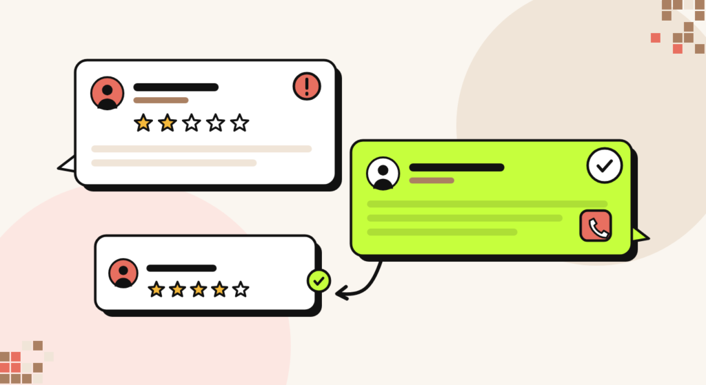 Illustration of a two-star customer review, the business owner's calm reply with a check mark and phone icon, and the review updated to four stars