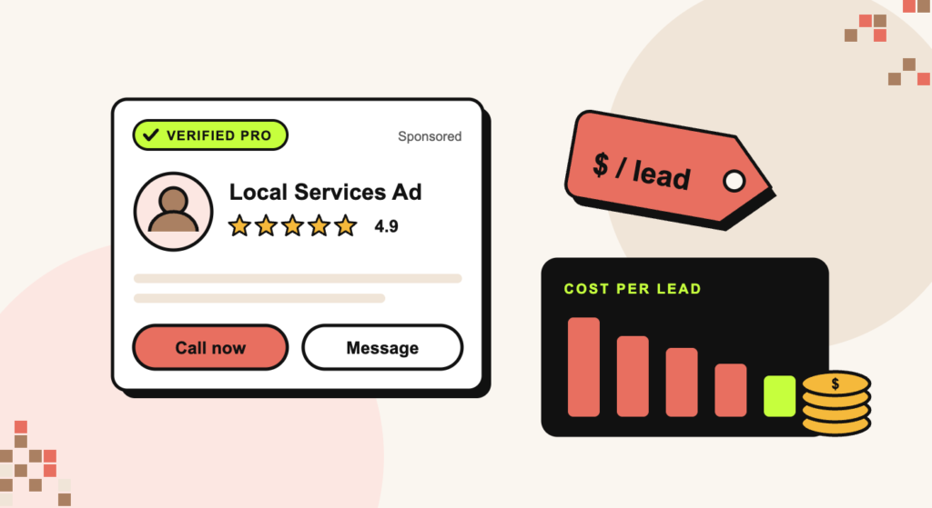 Illustration of a local services ad listing with a five-star rating, next to a price tag and a cost-per-lead chart