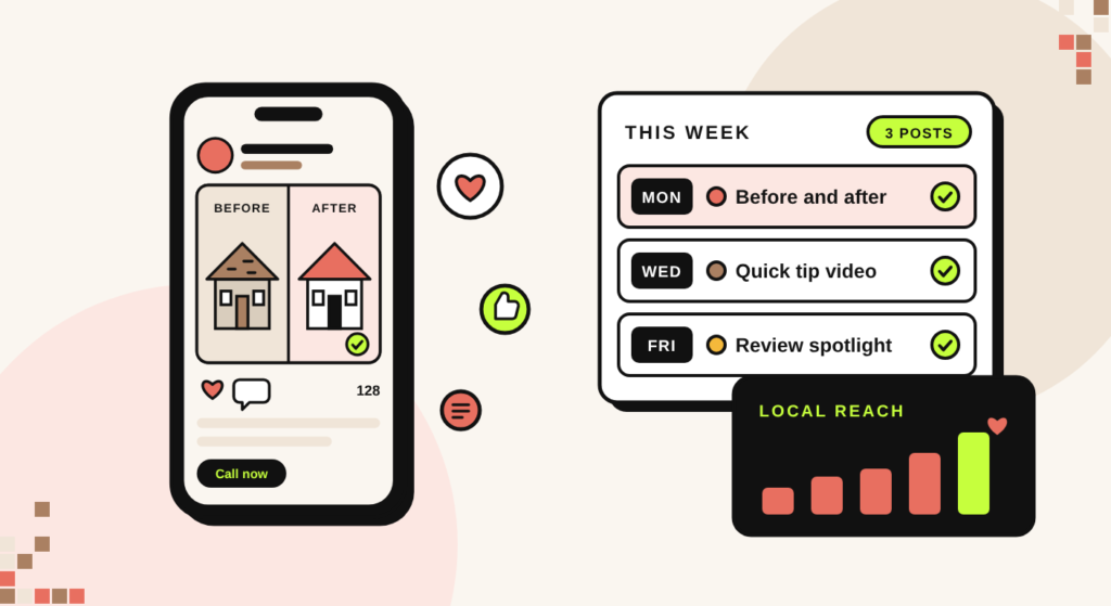 Illustration of a phone showing a before and after roofing post beside a weekly social media content calendar for a contractor